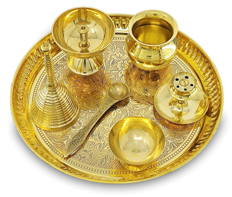 NOBILITY Brass Pooja Thali Set 8 Inch Puja Thali with Pital Plate Kalash Piyali Diya Ghanti Dhup Dan Chandan Wati Palli Arti Thali for Diwali Home Office Mandir Wedding Return Gift Items