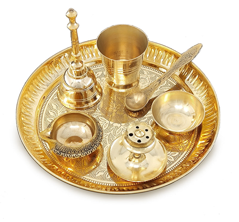 NOBILITY Brass Pooja Thali Set 7 Inch with Pital Puja Plate Kalash Bowl Spoon Dhup Dan Palli Ghanti Kuber Diya Chandan Wati Arti Thali for Diwali Home Office Mandir Wedding Return Gift Items