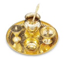 NOBILITY Brass Pooja Thali Set 8 Inch with Pital Plate Kalash Bowl Spoon Damru Agardan Puja Thali for Diwali Home Office Mandir Wedding Return Gift Items