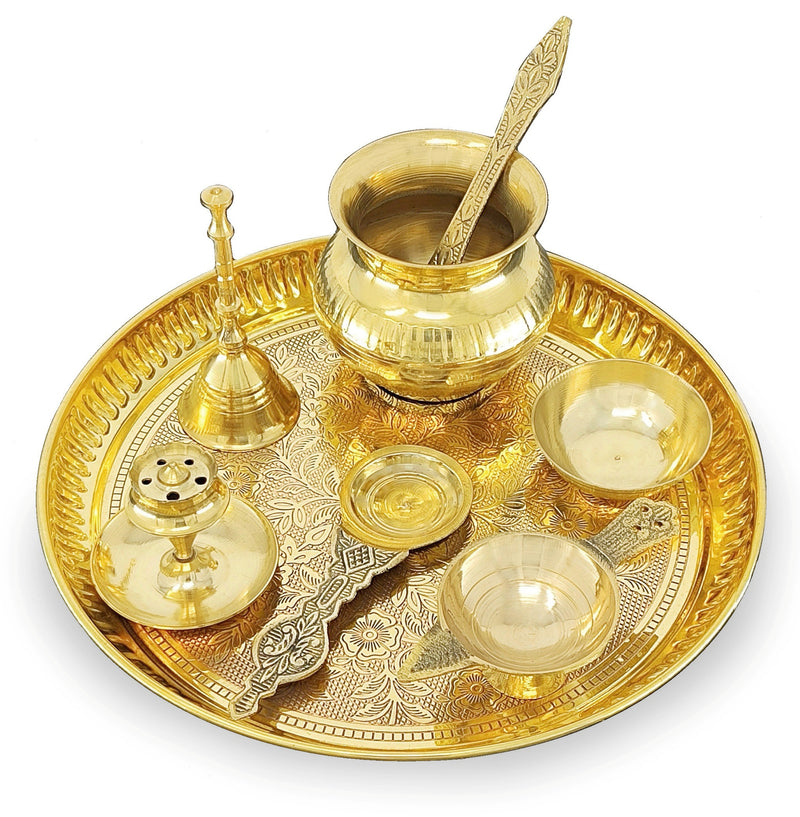 NOBILITY Brass Pooja Thali Set 8 Inch Puja Thali with Pital Plate Kalash Palli Chandan Wati Agarbatti Stand Kappur Arti Diya for Diwali Home Office Mandir Wedding Return Gift Items