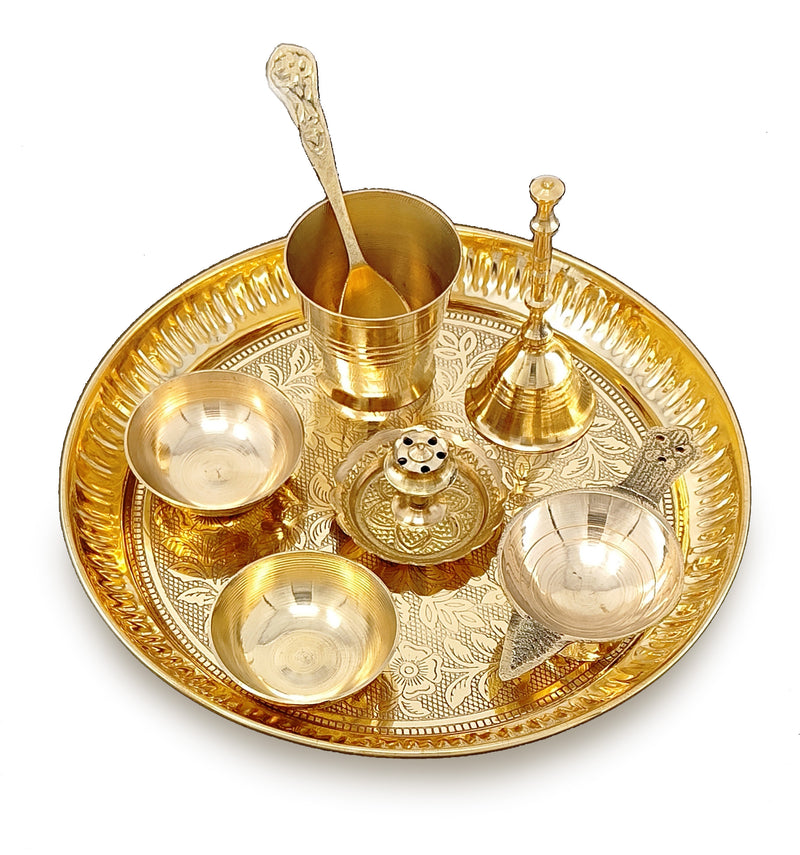 NOBILITY Brass Pooja Thali Set 7 Inch with Pital Puja Plate Kalash Bowl Spoon Dhup Dan Palli Ghanti Kuber Diya Chandan Wati Arti Thali for Diwali Home Office Mandir Wedding Return Gift Items