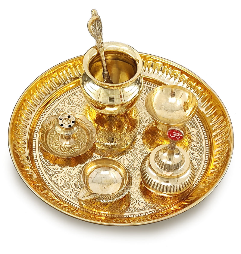 NOBILITY Brass Pooja Thali Set 7 Inch with Pital Puja Plate Kalash Bowl Spoon Dhup Dan Palli Ghanti Kuber Diya Chandan Wati Arti Thali for Diwali Home Office Mandir Wedding Return Gift Items