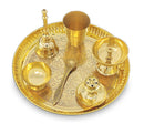 NOBILITY Brass Pooja Thali Set 8 Inch Puja Thali with Pital Plate Glass Piyali Diya Dhup Dan Chandan Wati Ghanti Palli for Diwali Home Office Mandir Wedding Return Gift Items