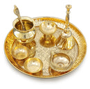 NOBILITY Brass Pooja Thali Set 7 Inch with Pital Puja Plate Kalash Bowl Spoon Dhup Dan Palli Ghanti Kuber Diya Chandan Wati Arti Thali for Diwali Home Office Mandir Wedding Return Gift Items