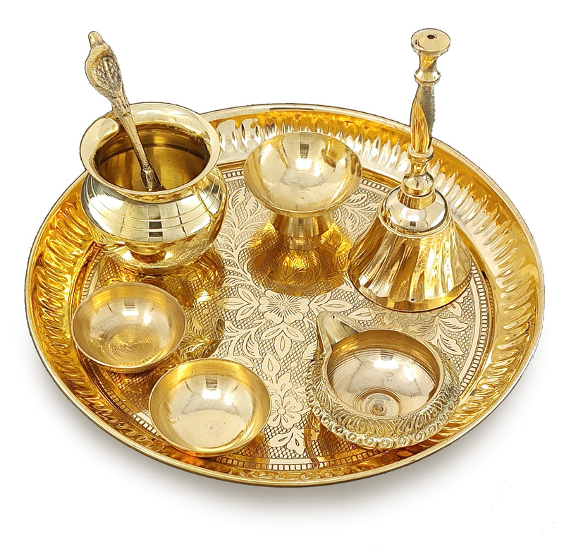 NOBILITY Brass Pooja Thali Set 7 Inch with Pital Puja Plate Kalash Bowl Spoon Dhup Dan Palli Ghanti Kuber Diya Chandan Wati Arti Thali for Diwali Home Office Mandir Wedding Return Gift Items