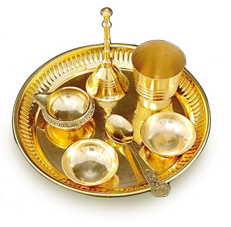 NOBILITY Brass Pooja Thali Set 6 Inch Puja Thali with Pital Plate Glass Chandan Vati Kuber Deep Ghanti Spoon Arti Thali for Diwali Home Office Mandir Wedding Return Gift Items