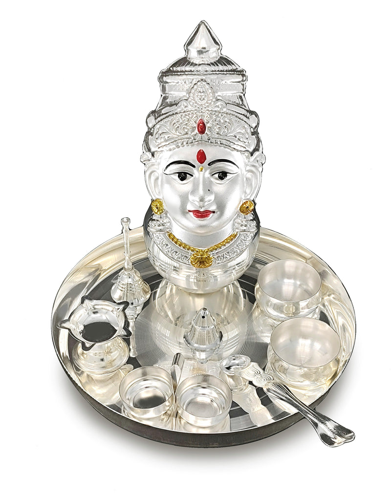 NOBILITY Silver Plated Pooja thali Set with Varalakshmi Devi Mukhota Idol Statue