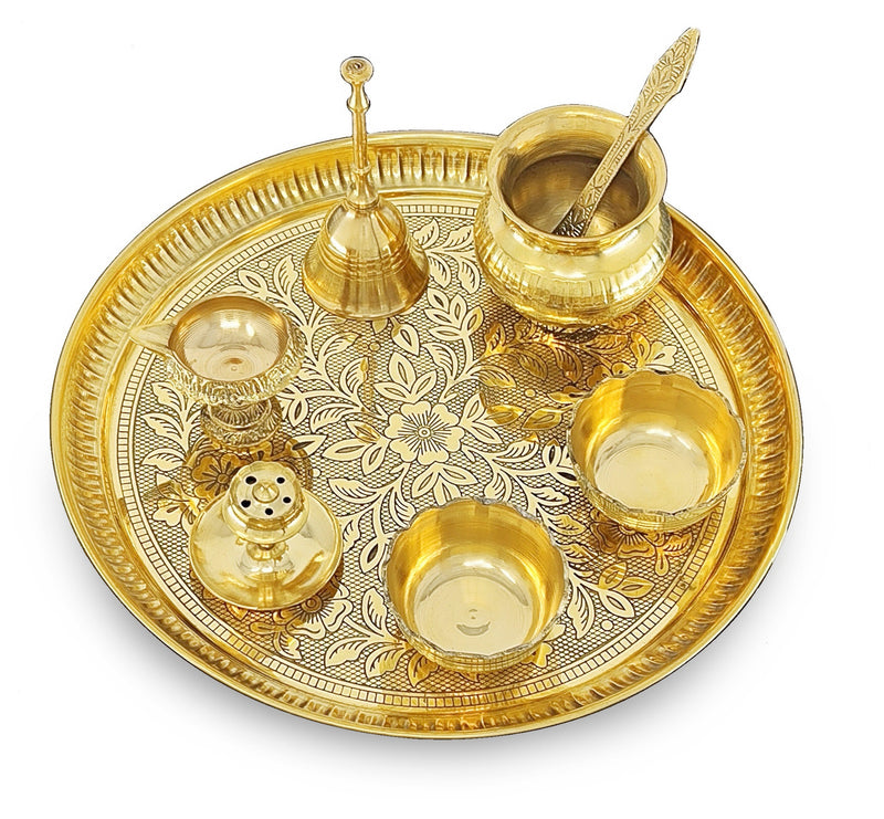 NOBILITY Brass Pooja Thali Set 10 Inch for Diwali Home Office Mandir Wedding Return Gift Items