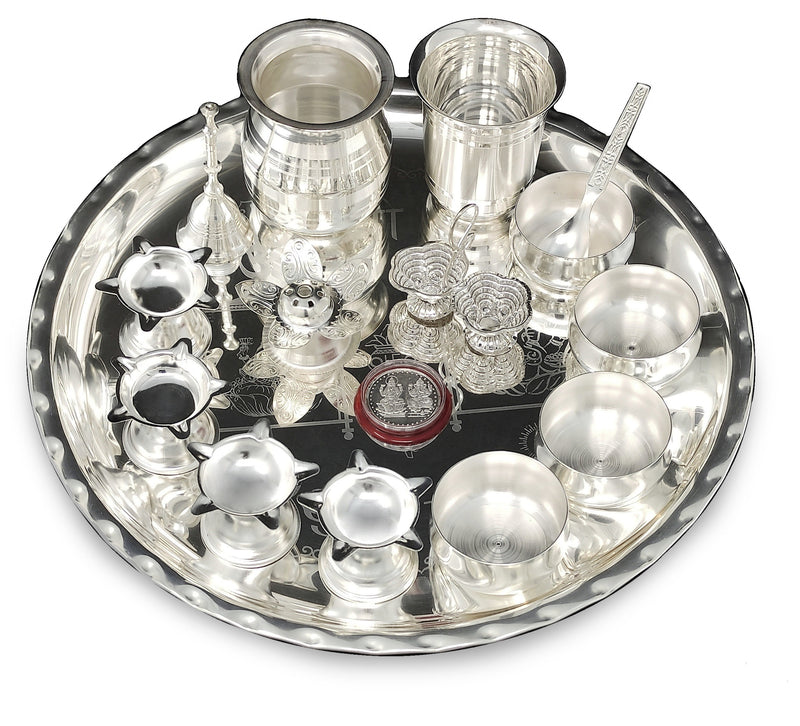 NOBILITY Pooja Thali Set Silver Plated Puja Thali for Diwali Decoration Gift Items Festival Ethnic Puja Thali for Temple Office Home Wedding Return Gifts