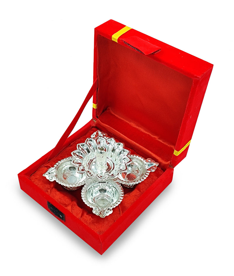 Nobility Silver Plated Diya with Red Velvet Gift Box Panchmukhi Dia Pooja Items Diwali Decoration Puja Gifts Handmade Oil Lamp Traditional Indian Deepawali Gift Items