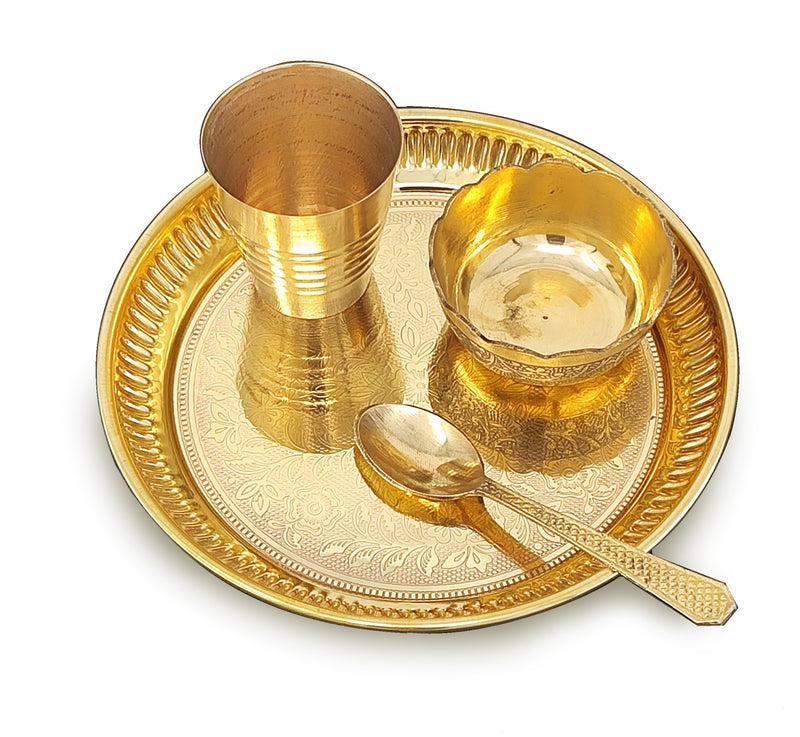 NOBILITY Brass Pooja Thali Set 6 Inch Puja Thali with Pital Plate Bowl Spoon Glass Arti Bhog Thali for Diwali Home Office Mandir Wedding Return Gift Items