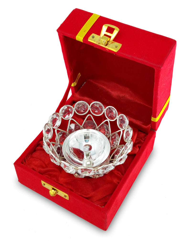 NOBILITY Crystal Diya with Red Velvet Gift Box German Silver Chrystal Akhand Piyali Dia Pooja Items Diwali Decoration Puja Gifts Handmade Oil Lamp