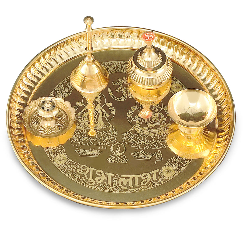 NOBILITY Brass Pooja thali 8 Inch with Kalash Kuber Diya Ghanti Spoon Bowl Dhup Dan Ganesh Lakshmi Design Puja Thali Set Festival Home Office Mandir Diwali Wedding Return Gift Items