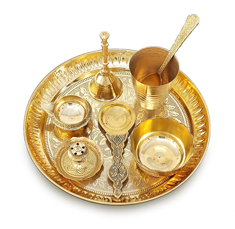 NOBILITY Brass Pooja Thali Set 7 Inch with Pital Puja Plate Kalash Bowl Spoon Dhup Dan Palli Ghanti Kuber Diya Chandan Wati Arti Thali for Diwali Home Office Mandir Wedding Return Gift Items