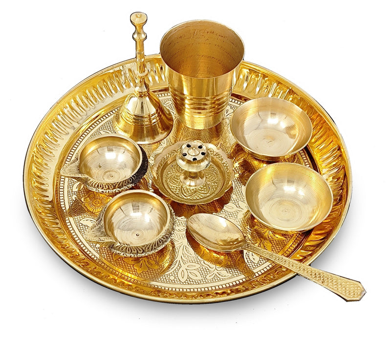 NOBILITY Brass Pooja Thali Set 7 Inch with Pital Puja Plate Kalash Bowl Spoon Dhup Dan Palli Ghanti Kuber Diya Chandan Wati Arti Thali for Diwali Home Office Mandir Wedding Return Gift Items