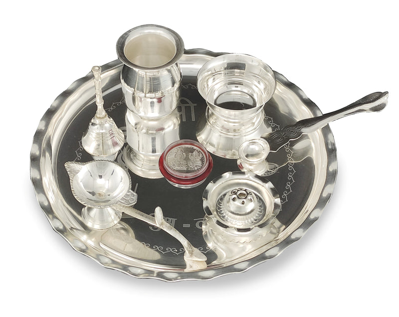 NOBILITY Silver Plated Pooja Thali Set 9.5 Inch Plate with Bowl Lotti Ghanti Palli Coin Diya Dhup Dan for Puja Diwali Home Decor Temple Office Wedding Return Gift Items