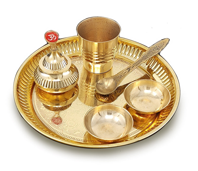 NOBILITY Brass Pooja Thali Set 6 Inch Puja Thali with Pital Plate Plate Glass Chandan Wati Sindoor Dibbi Palli Arti Thali for Diwali Home Office Mandir Wedding Return Gift Items