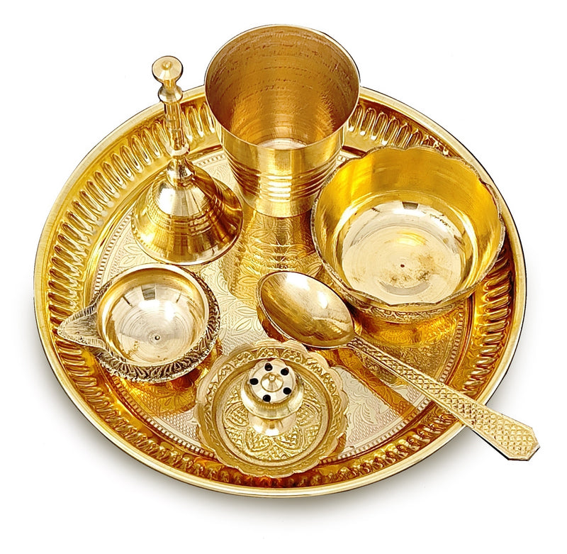 NOBILITY Brass Pooja Thali Set 6 Inch Puja Thali with Pital Plate Bowl Glass Kangura Plate Spoon Arti Thali for Diwali Home Office Mandir Wedding Return Gift Items