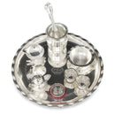 NOBILITY Silver Plated Pooja thali Set 9.5 Inch with Plate Tortoise Diya Haldi Kumkum Stand Kalash Palli Bowl Dhup Dan Puja Thali for Home Mandir Office Diwali Wedding Return Gift Items