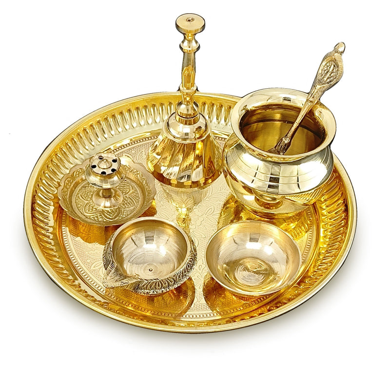 NOBILITY Brass Pooja Thali Set 6 Inch Puja Thali with Pital Plate Kalash Kuber Diya Chandan Wati Agarbatti Stand Ghanti Palli Arti Thali for Diwali Home Office Mandir Wedding Return Gift Items