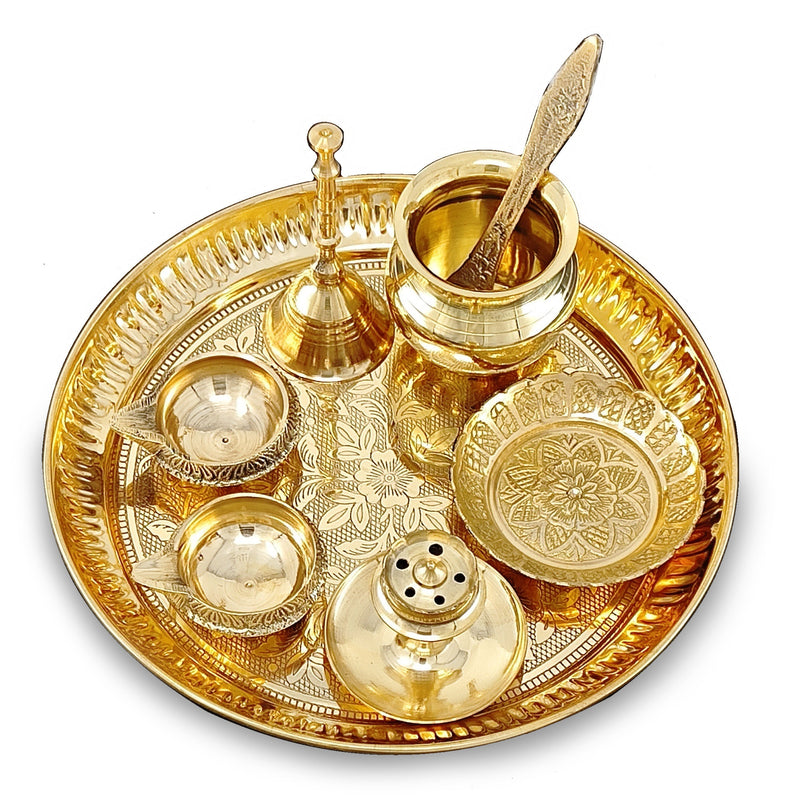 NOBILITY Brass Pooja Thali Set 7 Inch with Pital Puja Plate Kalash Bowl Spoon Dhup Dan Palli Ghanti Kuber Diya Chandan Wati Arti Thali for Diwali Home Office Mandir Wedding Return Gift Items