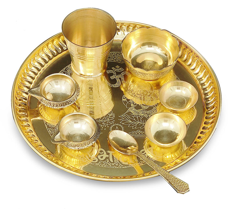 NOBILITY Brass Pooja thali Set 8 Inch with Pital Plate Glash Spoon Chandan Bowls Prasad Bowl Puja Arti Thali for Diwali Home Mandir Office Wedding Return Gift Items