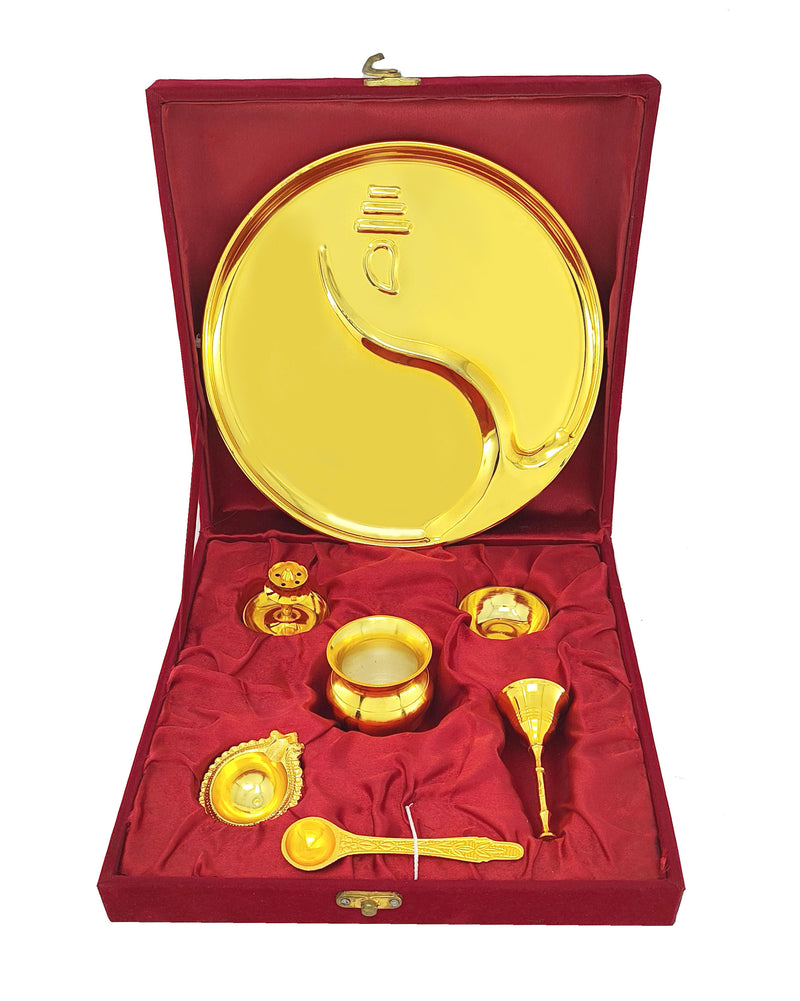 NOBILITY Pooja Thali Set Gold Plated with Gift Box 22 cm Designed Puja Plate Kalash Ghanti Bowl Spoon Dhup Dan Kuber Diya for Housewarming Diwali Wedding Gift Items