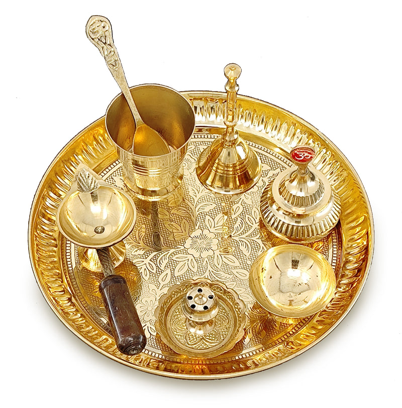 NOBILITY Brass Pooja Thali Set 7 Inch with Pital Puja Plate Kalash Bowl Spoon Dhup Dan Palli Ghanti Kuber Diya Chandan Wati Arti Thali for Diwali Home Office Mandir Wedding Return Gift Items