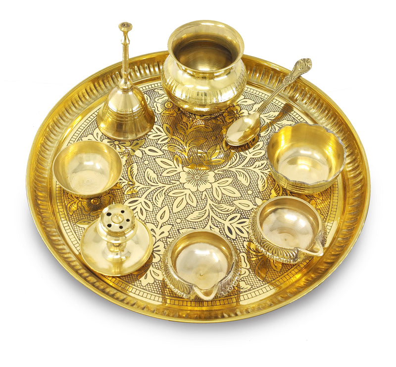 NOBILITY Brass Pooja Thali Set 10 Inch for Diwali Home Office Mandir Wedding Return Gift Items