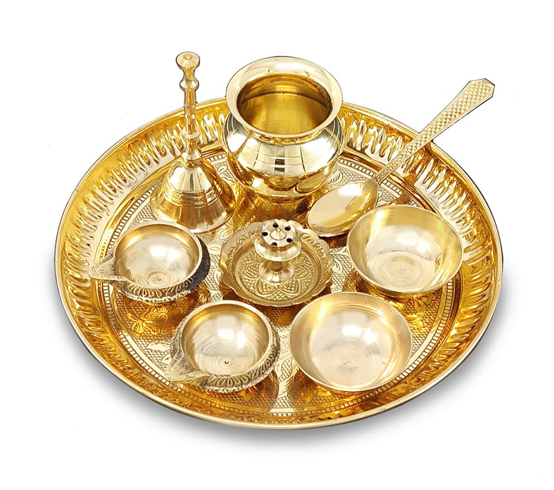 NOBILITY Brass Pooja Thali Set 7 Inch with Pital Puja Plate Kalash Bowl Spoon Dhup Dan Palli Ghanti Kuber Diya Chandan Wati Arti Thali for Diwali Home Office Mandir Wedding Return Gift Items