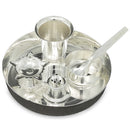 আভিজাত্য সিলভার প্লেটেড পূজা থালি সেট 5 ইঞ্চি প্লেট দিয়া গ্লাস আগরবাতি স্ট্যান্ড বাটি চামচ মাঝে মাঝে গৃহ মন্দির অফিস বিবাহের উপহার সামগ্রীর জন্য সাজসজ্জা 