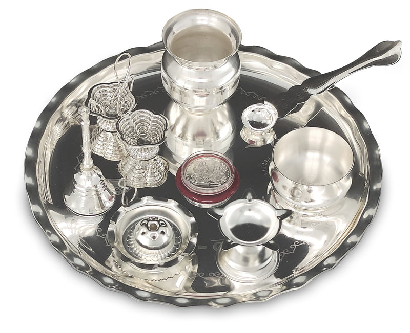 NOBILITY Silver Plated Pooja thali Set 9.5 Inch with Plate Kalash Palli Diya Kumkum Holder Bowl Dhup Dan Coin Ghanti Puja Thali for Diwali Home Mandir Office Wedding Return Gift Items