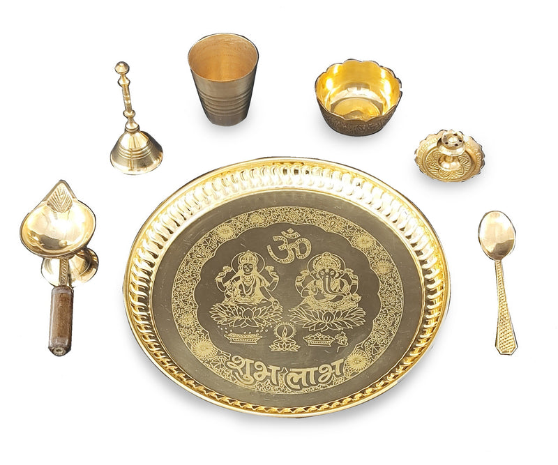 NOBILITY Brass Pooja Thali Set 8 Inch with Pital Puja Plate Glass Bowl Spoon Diya Ghanti Dhup Dan Arti Thali for Diwali Home Office Mandir Wedding Return Gift Items