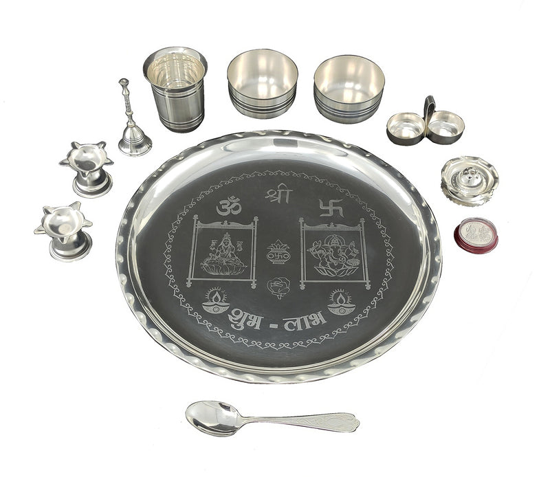 NOBILITY Pooja Thali Set 12 Inch Silver Plated with Designed Puja Thali Glass Bowl Spoon Diya Dhup Dan Haldi Kumkum Stand Ghanti Coin for Home Mandir Office Wedding Return Gift Items