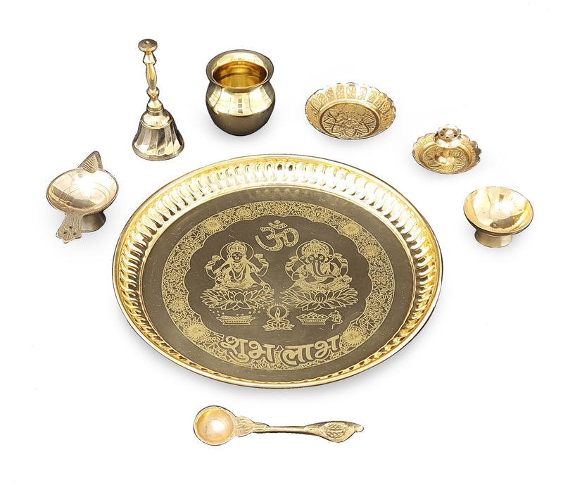 NOBILITY Brass Puja Thali Set 8 Inch Pooja Thali with Pital Plate Kalash Kangura Plate Palli Diya Ghanti Dhup Dan Chandan Wati Arti Thali for Diwali Home Office Mandir Wedding Return Gift Items