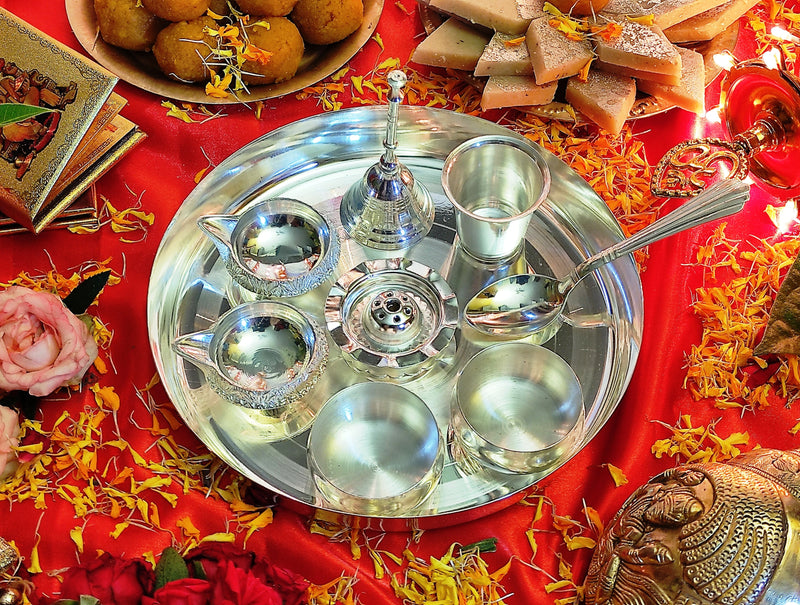 NOBILITY Silver Plated Pooja Thali Set 08 Inch with Accessories Ethnic Puja Thali for Diwali, Home, Temple, Office, Wedding Gift