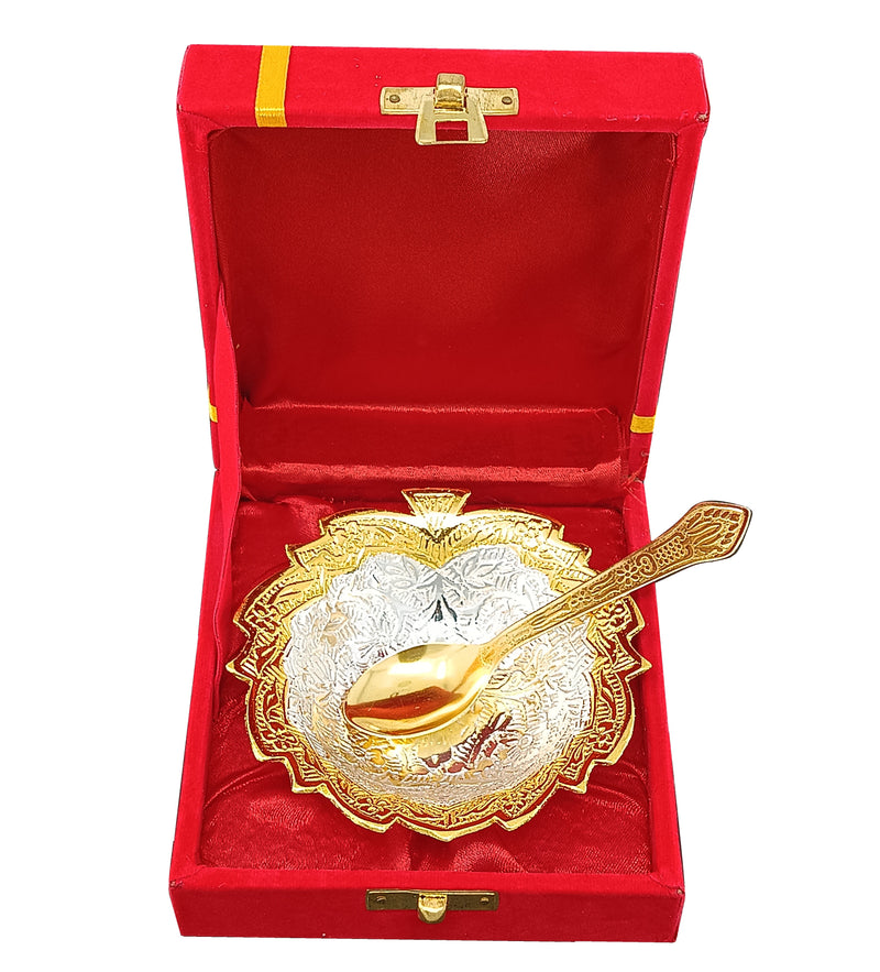 NOBILITY Bowl Spoon Set Gold and Silver Plated Leaf Shaped Designed with Velvet Box Dry Fruit Dessert Serving Sets Friends Family Home Decorative Corporate Gifts Wedding Return Gift