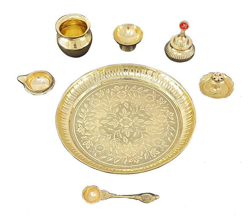 NOBILITY Brass Pooja Thali Set 7 Inch with Pital Puja Plate Kalash Bowl Spoon Dhup Dan Palli Ghanti Kuber Diya Chandan Wati Arti Thali for Diwali Home Office Mandir Wedding Return Gift Items