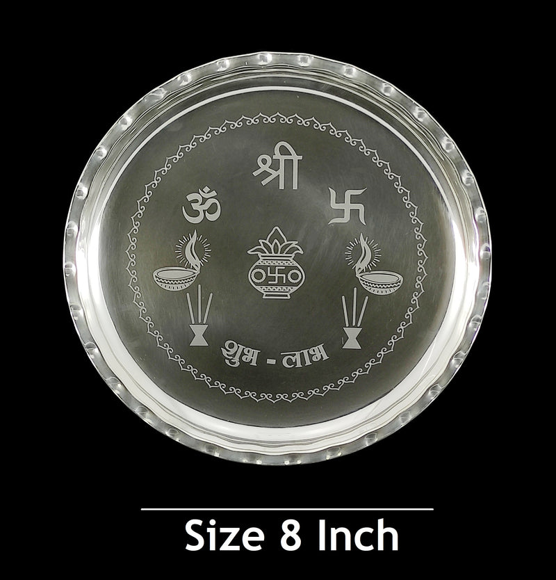 A perfect blend of utility and spirituality. Our 8-inch silver plate features beautifully engraved auspicious symbols like the Om, Swastika, and Kalash to bring positive energy to your daily prayers.