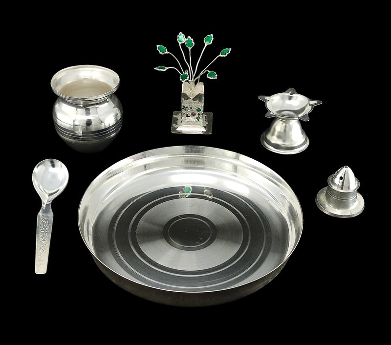 NOBILITY Silver Plated Pooja Thali Set 6 Inch Plate Agarbatti Stand Kalash Spoon Tulsi Idol Diya Premium Puja Decorative Items for Home Mandir Office Wedding Return Gift Items