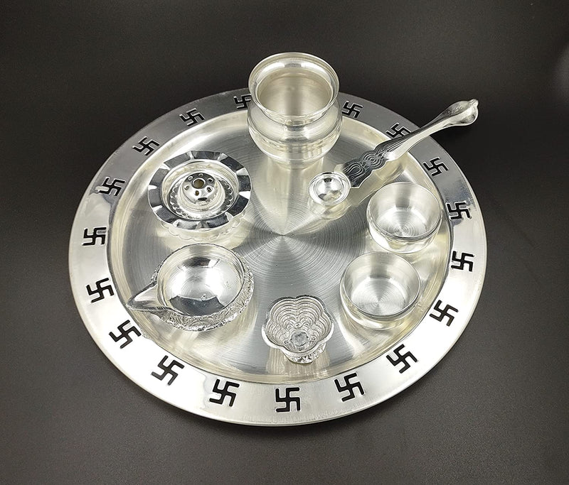 NOBILITY Silver Plated Swastik Design Puja Thali Set Festival Ethnic Pooja Items for Home Temple Office Wedding Return Gift Items