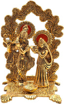 NOBILITY Radha Krishna Idol Statue Metal Gold Plated with Diya Peacock Design Hindu Religious Radha Krishan Showpiece Figurine for Janmashtami Home Temple Pooja Decor Wedding Return Gifts