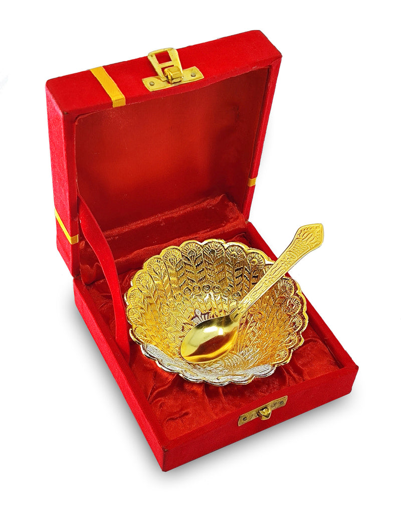 NOBILITY Bowl Spoon Set Gold and Silver Plated Leaf Shaped Designed with Velvet Box Dry Fruit Dessert Serving Sets Friends Family Home Decorative Corporate Gifts Wedding Return Gift