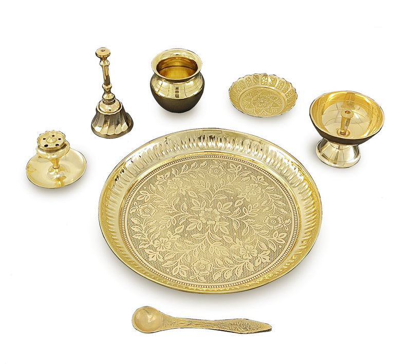 NOBILITY Brass Pooja Thali Set 7 Inch with Pital Puja Plate Kalash Bowl Spoon Dhup Dan Palli Ghanti Kuber Diya Chandan Wati Arti Thali for Diwali Home Office Mandir Wedding Return Gift Items