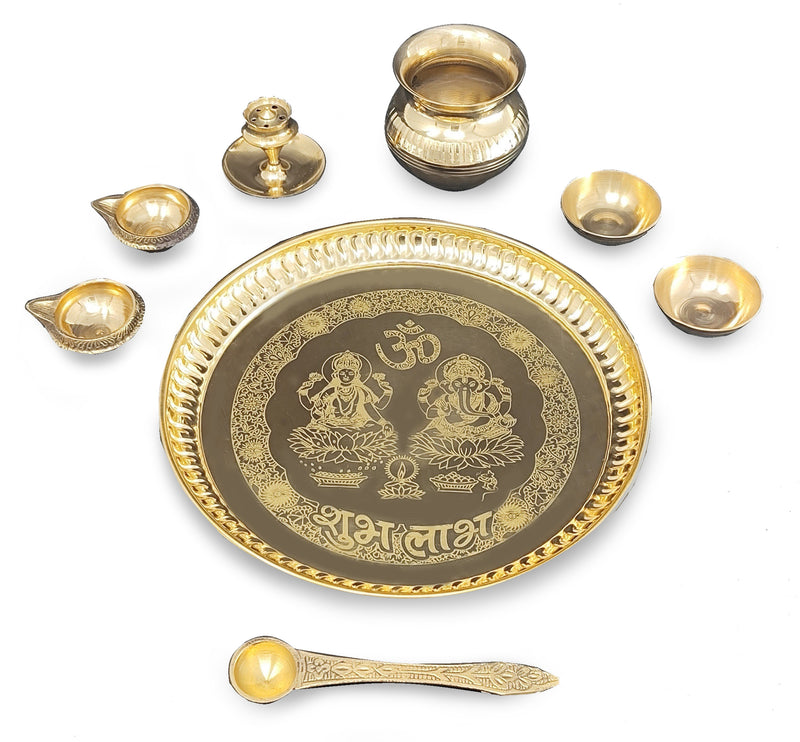 NOBILITY Brass Pooja Thali Set 8 Inch with Pital Plate Kalash Spoon Kuber Diya Bowls Dhub Dan Puja Thali for Diwali Home Office Mandir Wedding Return Gift Items