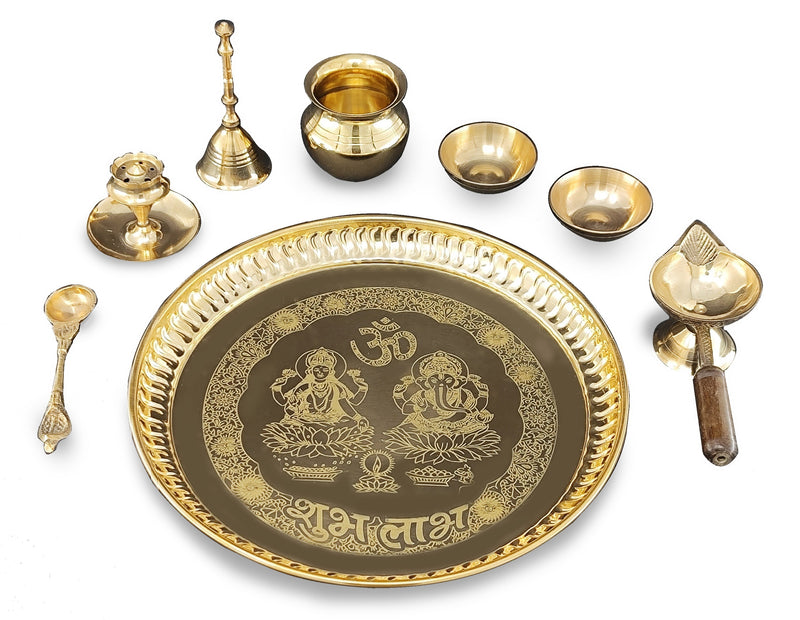 NOBILITY Brass Pooja Thali Set 8 Inch with Pital Puja Plate Kalash Bowl Palli Chandan Wati Diya Ghanti Dhup Dan Arti Thali for Diwali Home Office Mandir Wedding Return Gift Items