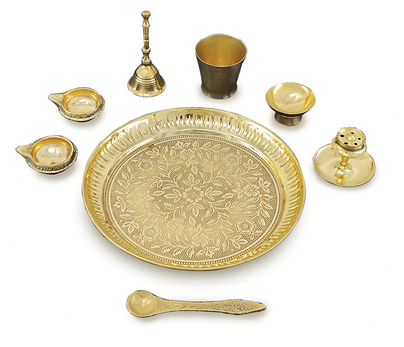 NOBILITY Brass Pooja Thali Set 7 Inch with Pital Puja Plate Kalash Bowl Spoon Dhup Dan Palli Ghanti Kuber Diya Chandan Wati Arti Thali for Diwali Home Office Mandir Wedding Return Gift Items