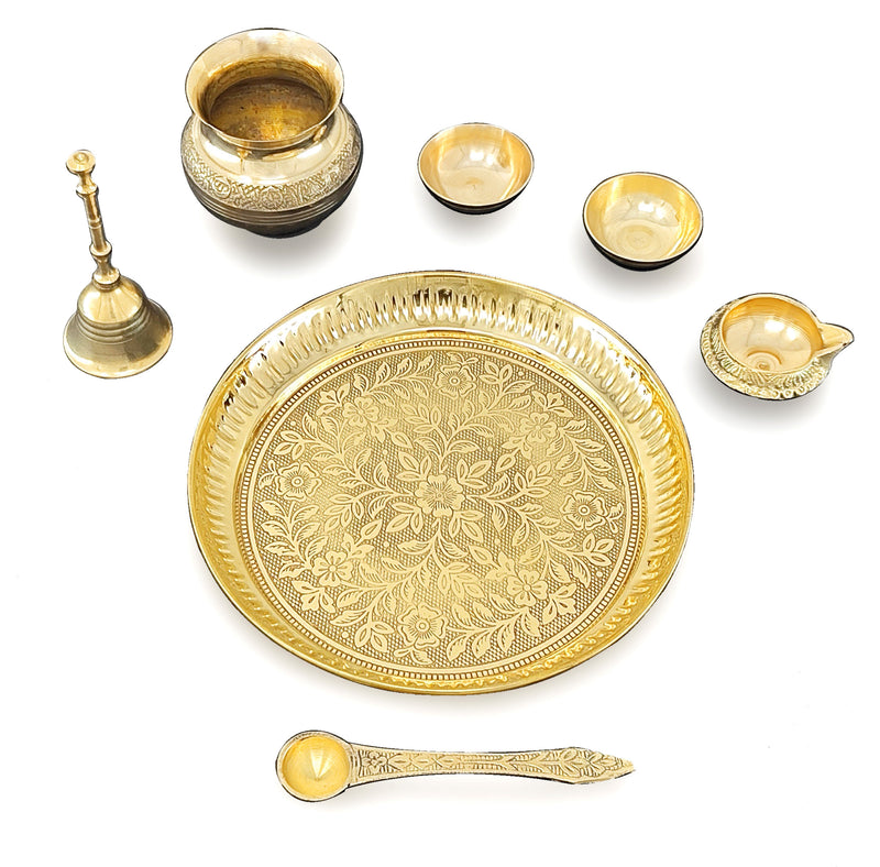 NOBILITY Brass Pooja Thali Set 7 Inch with Pital Puja Plate Kalash Bowl Spoon Dhup Dan Palli Ghanti Kuber Diya Chandan Wati Arti Thali for Diwali Home Office Mandir Wedding Return Gift Items