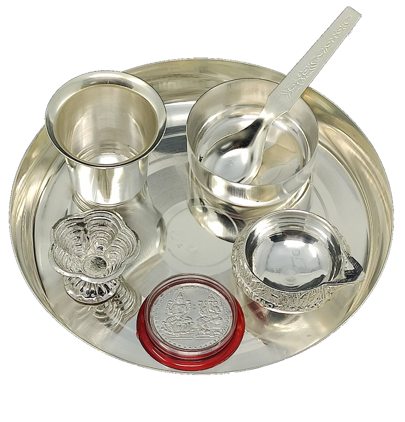 NOBILITY Silver Plated Pooja Thali Set 6 Inch with Kuber Diya Coin and Accessories Puja Decorative Items for Home Mandir Office Wedding Return Gift