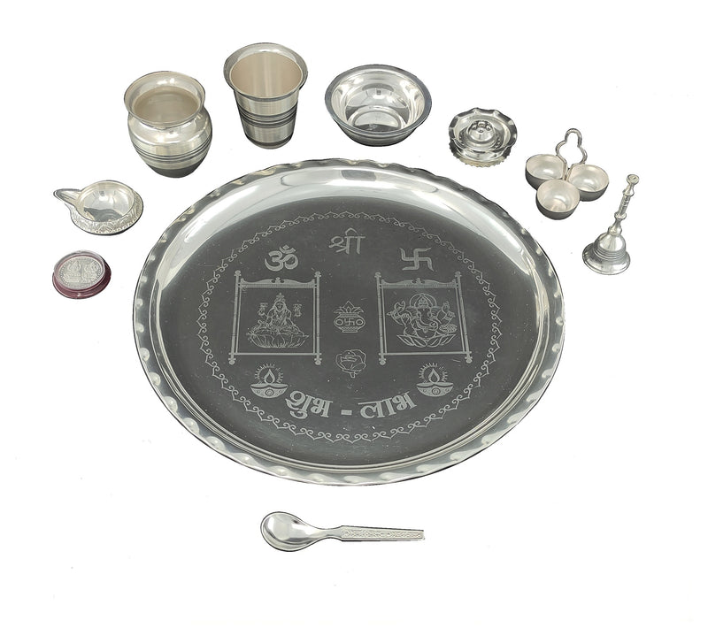 NOBILITY Silver Plated Pooja Thali Set 12 Inch with Designed Puja Plate Glass Kalash Bowl Spoon Dhup Dan Ghanti Coin Hamdi Kumkum Stand Kuber Diya for Home Mandir Office Wedding Return Gift Items